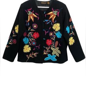 Alex Kim Vintage 90s Black Floral Embroidered Cotton Loop Button Jacket